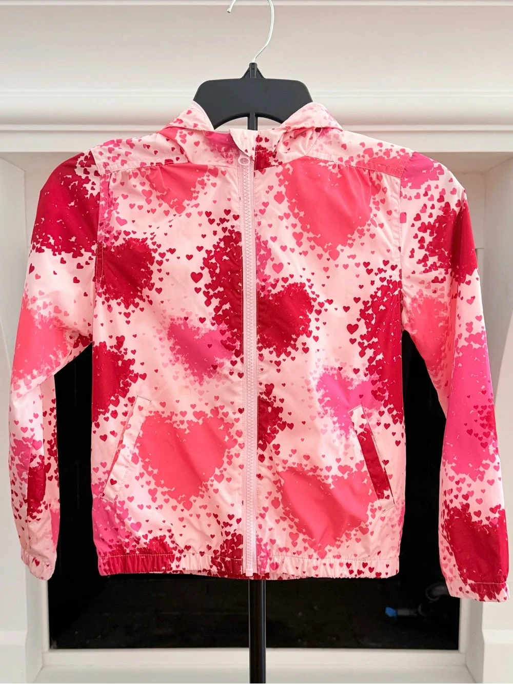 Gymboree Pink & Red Heart-Print Hooded Rain Jacket- Girls 7/8